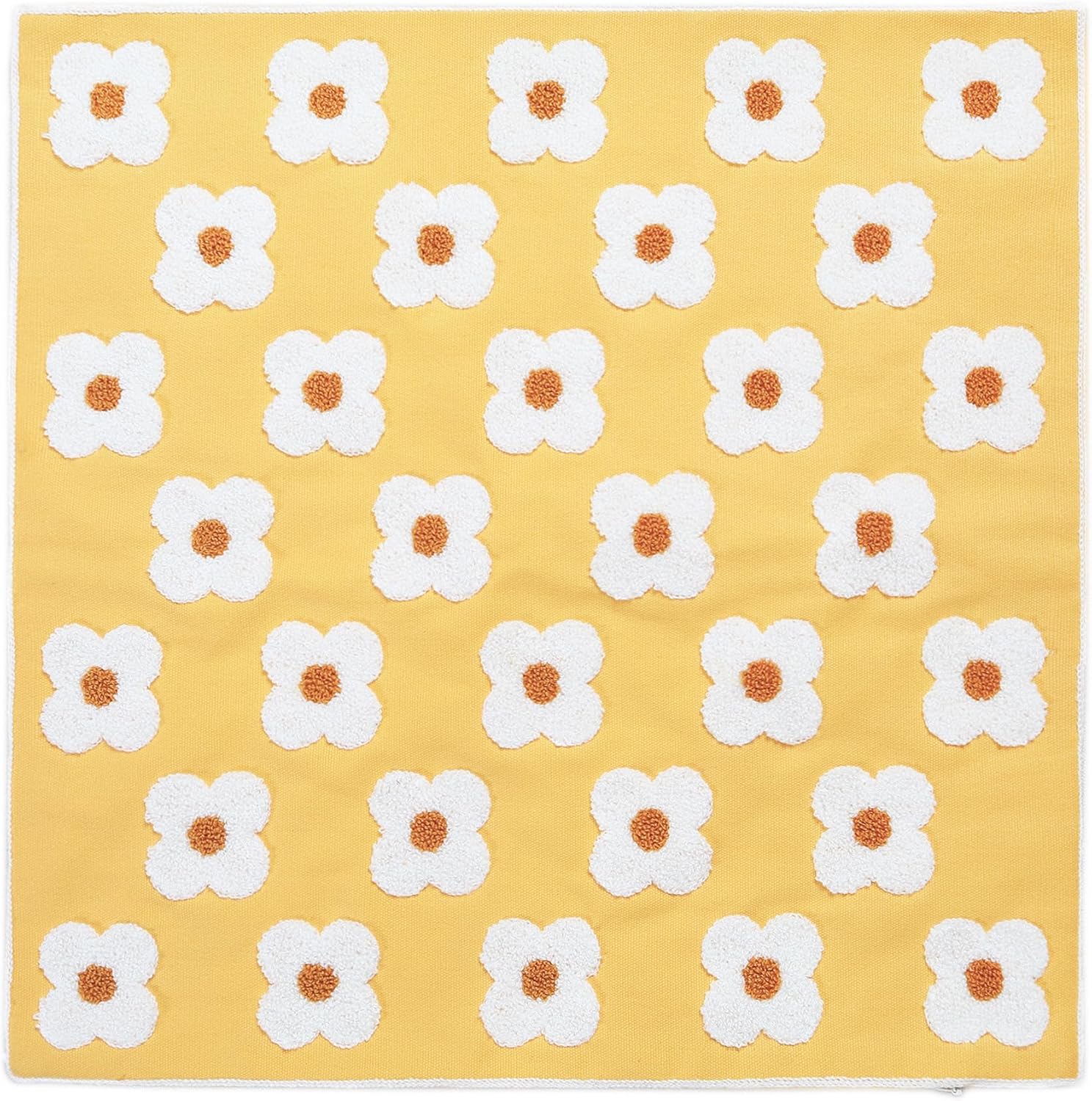 DECOBIRD Embroidery Throw Pillow Cover 20x20 Yellow Floral Design Home Decor Loop Embroidered Pillow Case Thick Cotton Canvas Square Cushion Cover for Couch 50x50cm, 4 Petal Flowers 1 Piece