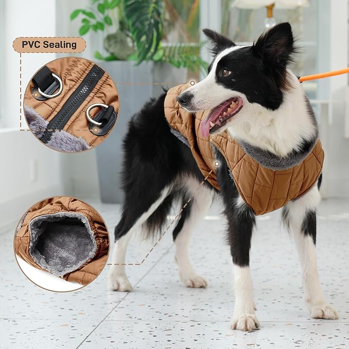Warm Fleece Dog Coats with Durable Harness Buitl in D-Ring,Waterproof Puppy Jacket for Small Dogs,Dog Vest for Cold Winter,Burnished Khaki XS