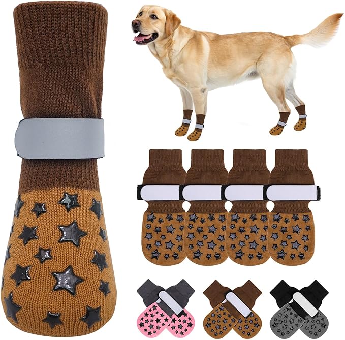 BEAUTYZOO Anti Slip Dog Socks to Prevent Licking Paws, Dog Shoes for Cold Pavement, Grip Socks for Dogs on Hardwood Floors, Dog Booties Alternative, Reflective&Washable Paw Protection for Senior Dogs