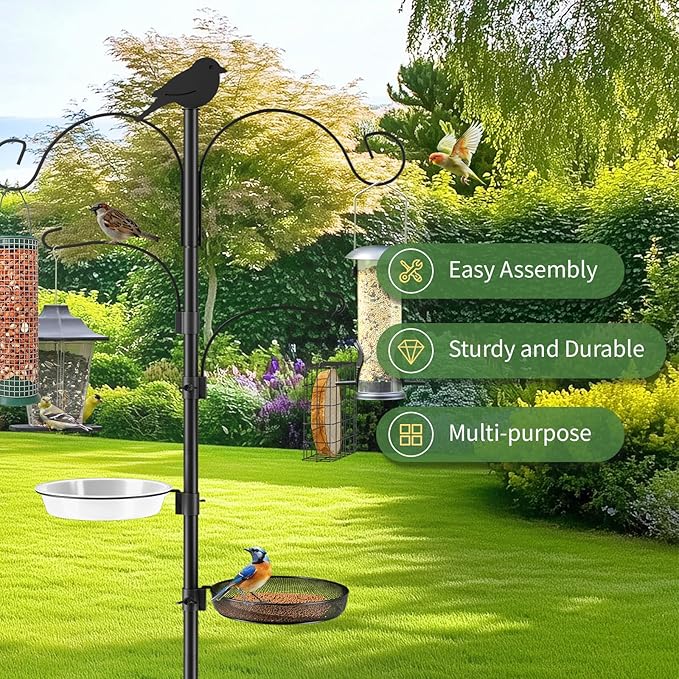 Bird Feeder Pole, 91in 4 Hook Bird Feeding Station with Adjustable Shepherds Hooks, Birds Feeder for Outdoors with Pole 5 Prongs Base Attracting Wild Birds (ATR Deco, Black 91in)