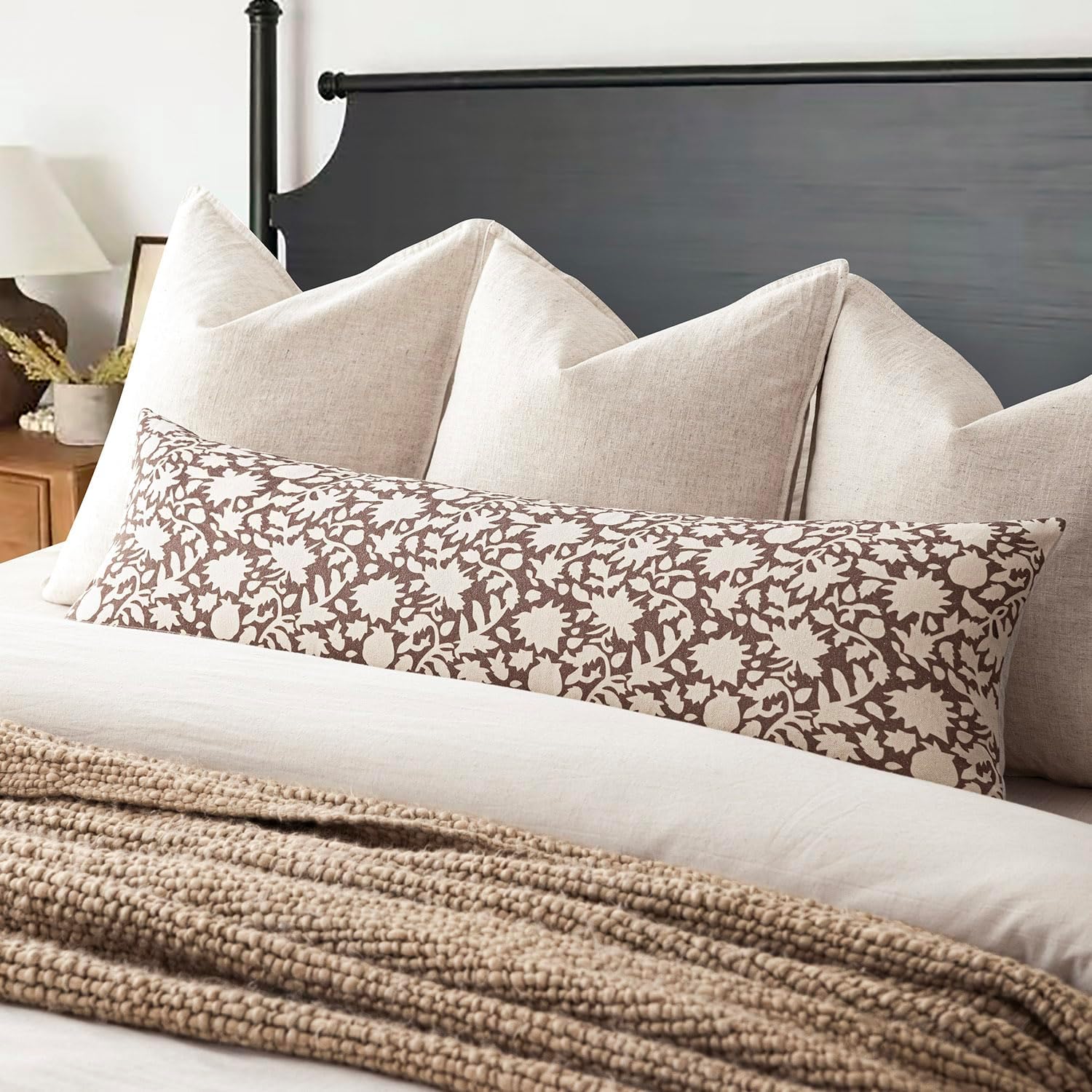 Foindtower Set of 2 Decorative Long Body Lumbar Throw Pillow Covers Accent Farmhouse Cushion Covers Floral Vintage Pillowcase for Couch Sofa Bedroom Living Room Home Decor,14×36 Inch,Brown