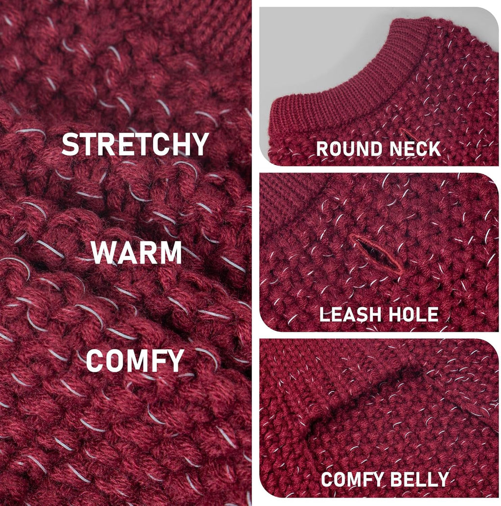 KYEESE Dog Sweater with Leash Hole for Small Dogs Male Warm Pullover with Reflective Thread Soft Knitwear Boy Dog Clothes Cozy Lightweight Thick Sweater Pet Indoor Outdoor Wear,Dark Red,X-Small