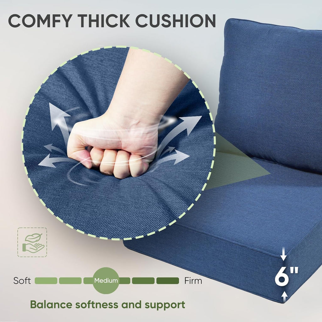 Outdoor Chair Cushions Set of 3, Waterproof 24x24 Patio Chair Cushion, 6" Thickened Seat Cushion for Outdoor Furniture, Couch Cushion Replacement, Include 3 Back & 3 Seat Cushions, Thick/Blue