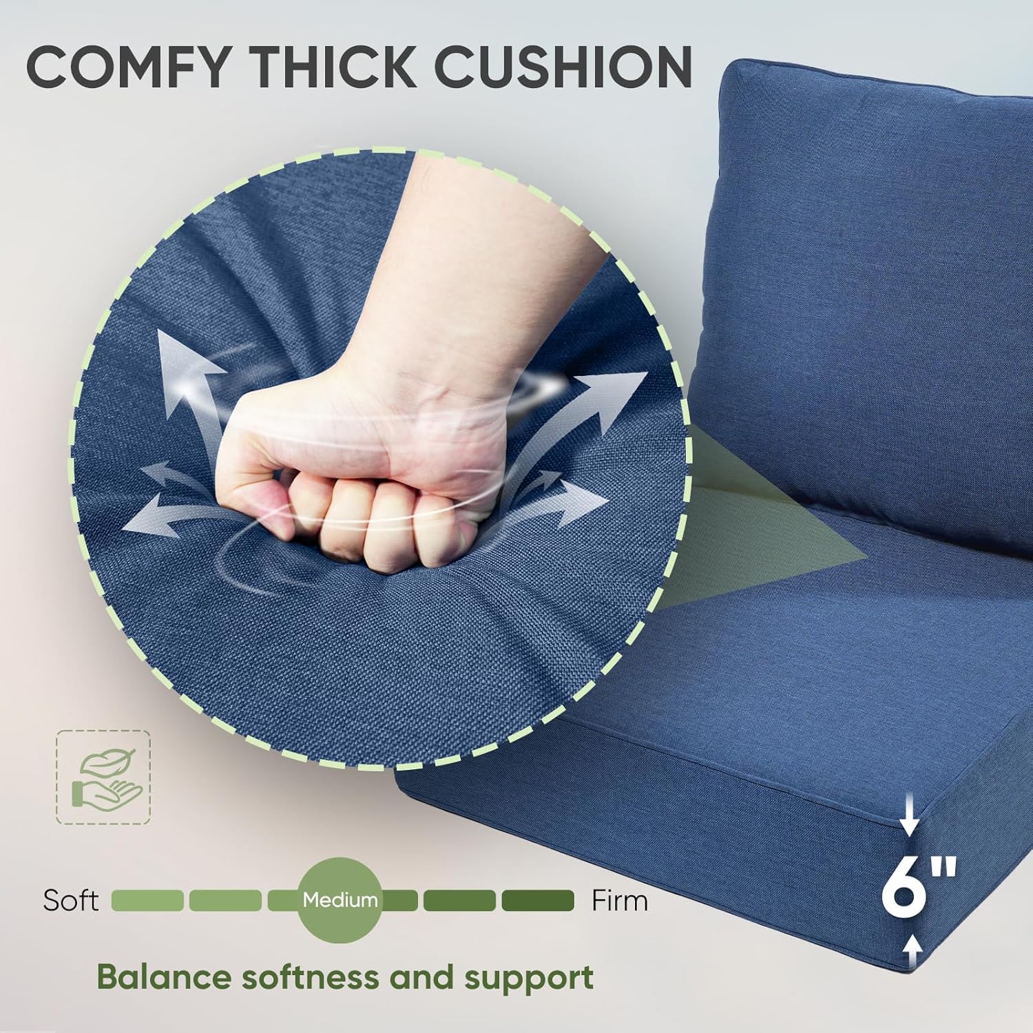 Outdoor Chair Cushions Set of 3, Waterproof 24x24 Patio Chair Cushion, 6" Thickened Seat Cushion for Outdoor Furniture, Couch Cushion Replacement, Include 3 Back & 3 Seat Cushions, Thick/Blue