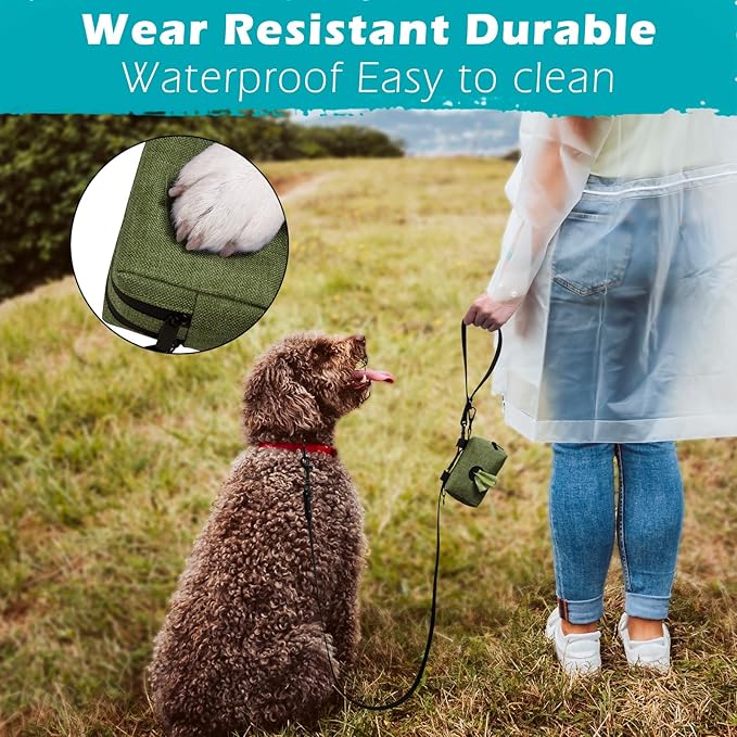 PetBonus Dog Poop Bag Holder, Portable Pet Waste Bag Dispenser, 2 Pouches for Treats and Walking Accessories, Fit All Leashes, Includes 1 Roll of Dog Poop Bags (Army Green)