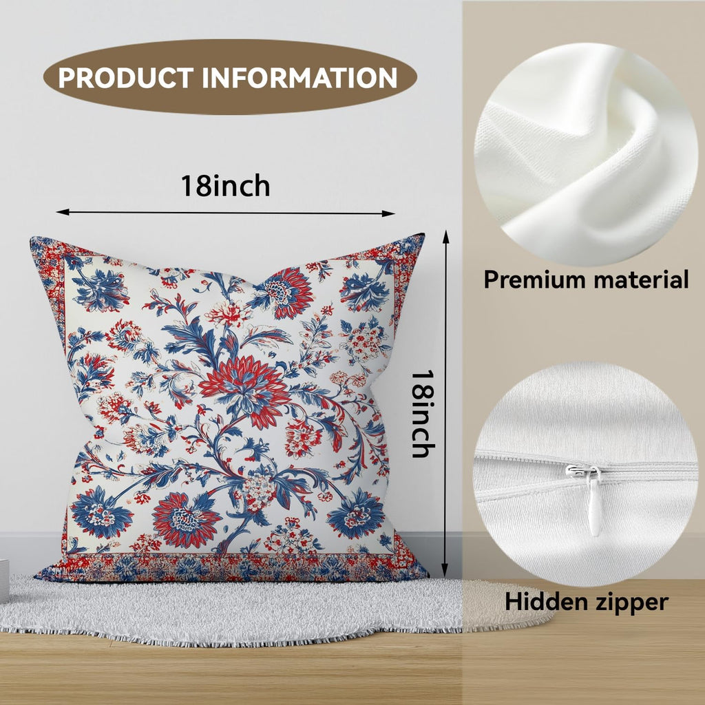Bohemian Pillow Covers | Vintage Floral & Carpet Design | Double Sided Blue White Decorative Pillowcases for Couch, Bed | Indoor Outdoor Boho Home Decor (Red&White, 18x18inches)