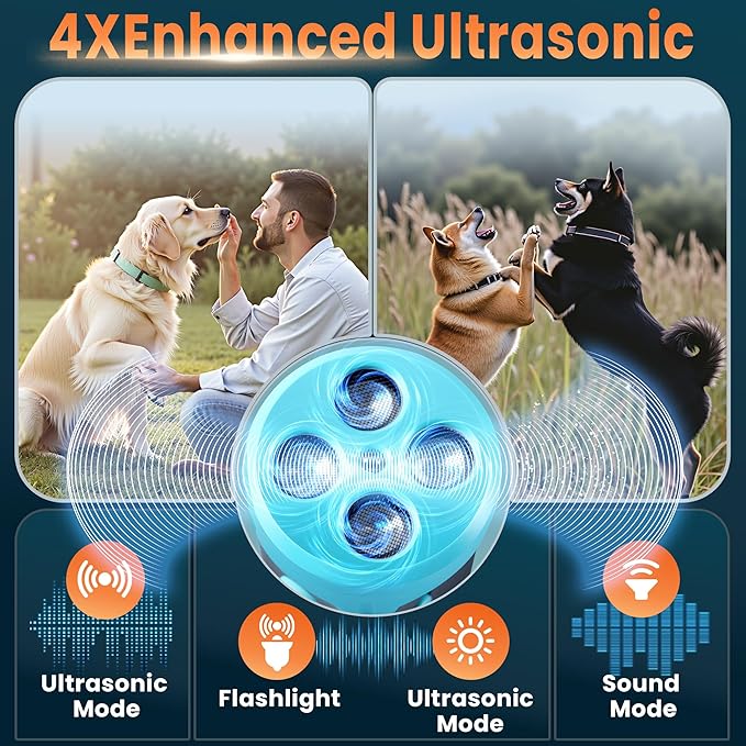 Upgraded Ultrasonic Dog Bark Deterrent, 4+1 Head with Sound Alarm Manual Frequency Adjustable No Shock Humane Training Device for Small/Medium/Large Dogs