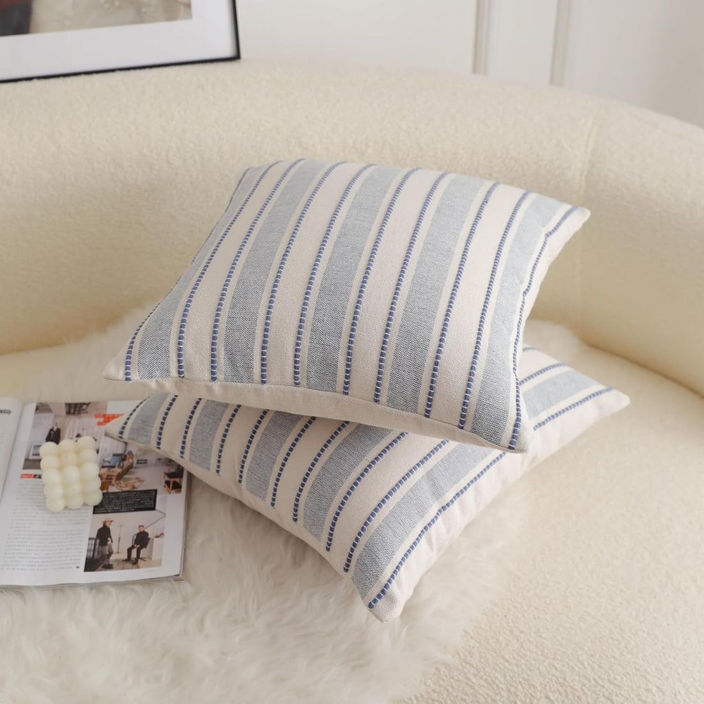 Decorative Boho Throw Pillow Covers, Farmhouse Textured Pillow Case, 20 x 20 Inch Set of 2, Chair Sofa Bedroom Living Room Home Decor Couch Cushion Case, Classic Blue and Beige Striped