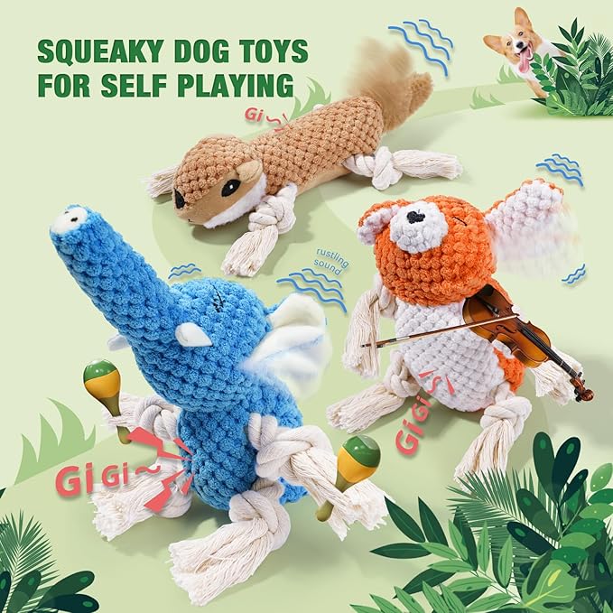 LEGEND SANDY Squeaky Dog Toys, Plush Small Dog Toys, 5 Pack Stuffed Animal Puppy Toys with Tug of War Ropes Value Bundle, Puppy Chew Toys for Teething, Dog Chew Toy for Small Medium Breeds