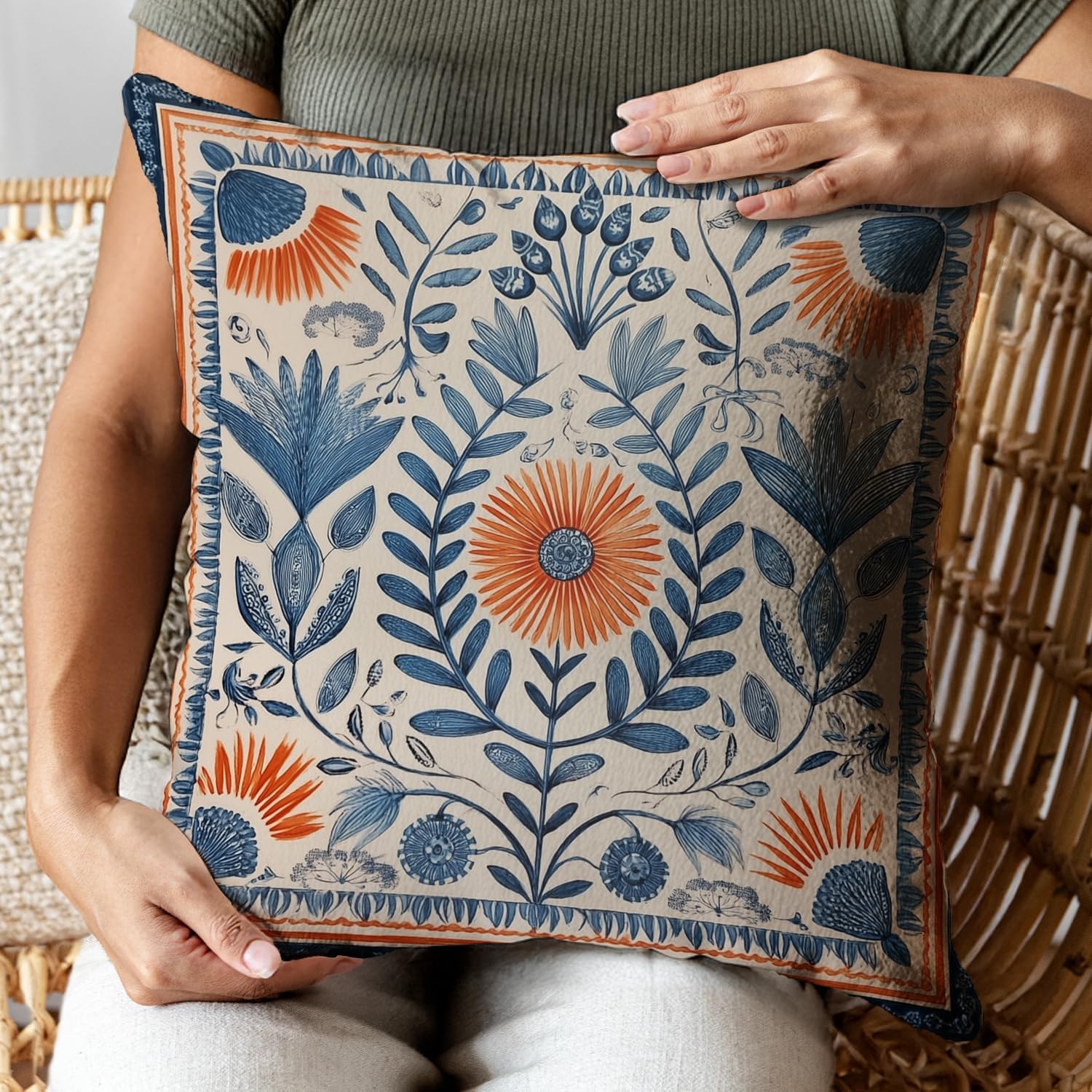 Vintage Boho Floral Print Throw Pillow Cover, Orange, Blue - Retro Rust Floral Decor Pillowcase, Indoor Outdoor Cushion Case for Sofa Couch Bed Living Room Bedroom Home (Blue&Orange, 18x18inch)