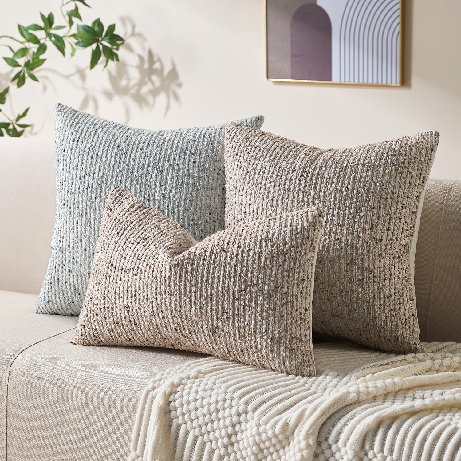 Decorative Couch Throw Pillow Covers 16x16 Beige Striped Soft Wool Pillow Covers Neutral Textured Boho Cushion Covers for Modern Farmhouse Sofa Bedroom Living Room Decor SY011-A16
