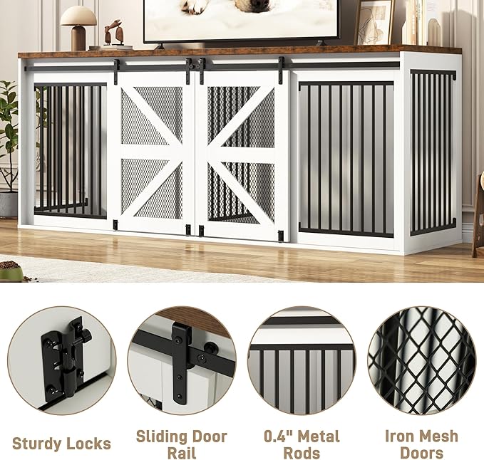 87In Farmhouse Dog Crate TV Stand, Wooden Dog Kennel Furniture with Sliding Metal Mesh Barn Door, Large Dog Crate Furniture for 2 Dogs, Solid Metal Tube & 2 Lockable Doors, White & Brown