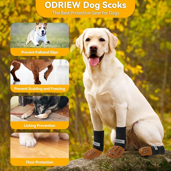 Non Slip Dog Socks to Prevent Licking Paws - Dog Booties for Hardwood Floors Anti Slip - Grippy Socks for Senior Dog - Double Side Paw Protector Prevent Scratching for Hot Pavement. (Khaki, S)