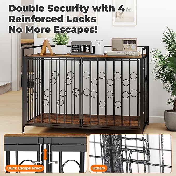 38 Inch Chew Proof Heavy Duty Dog Crate for Large Dogs, Furniture Kennel with Table Top, Waterproof Wooden Finish Indoor Metal Cage Furniture