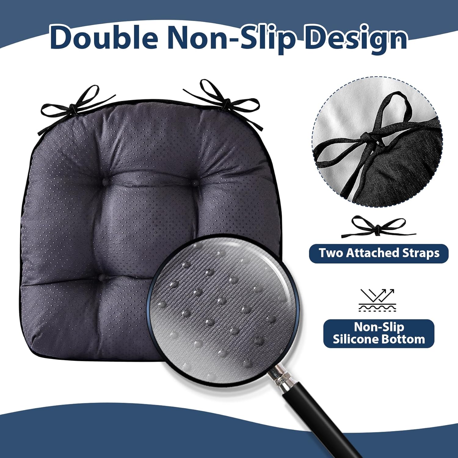 Chair Cushions for Dining Chairs, Seat Cushions for Kitchen Chairs, Indoor Seat Cushions with Ties, Tufted Foam Chair Pads, Non Slip Chair Cushions Set of 4, 15.5" x 15.5" x 4", Black