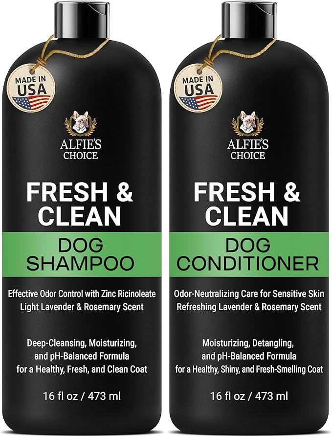 ALFIE'S CHOICE Fresh & Clean Dog Shampoo and Conditioner Set | 16 fl oz Each | Lavender & Rosemary | Deep Cleansing for Smelly Dogs | Deodorizing & Odor Control