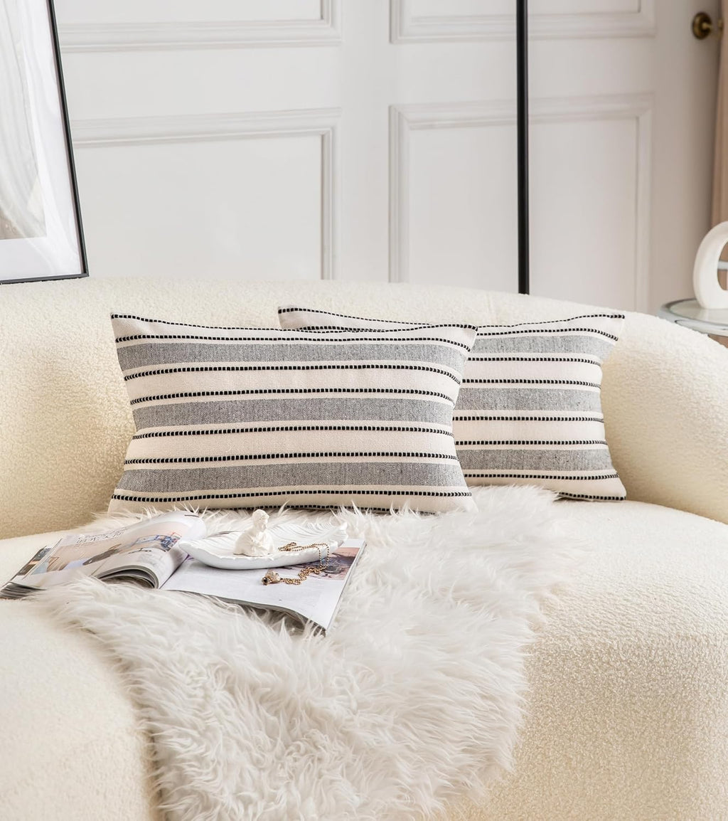 Decorative Boho Lumbar Throw Pillow Covers, Farmhouse Textured Pillow Case, 12 x 20 Inch Set of 2, Chair Sofa Bedroom Living Room Home Decor Couch Cushion Case, Black and Beige