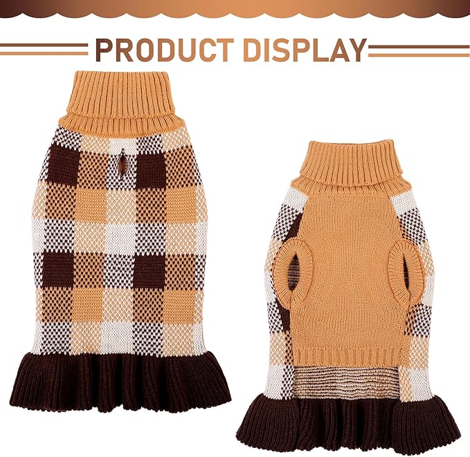 Dog Sweater Dress Plaid Knitwear for Small Medium Dogs Warm Puppy Pet Turtleneck Stretch Pullover Cute Fall Winter Vest Clothes with Leash Hole for Christmas (Coffee, M)