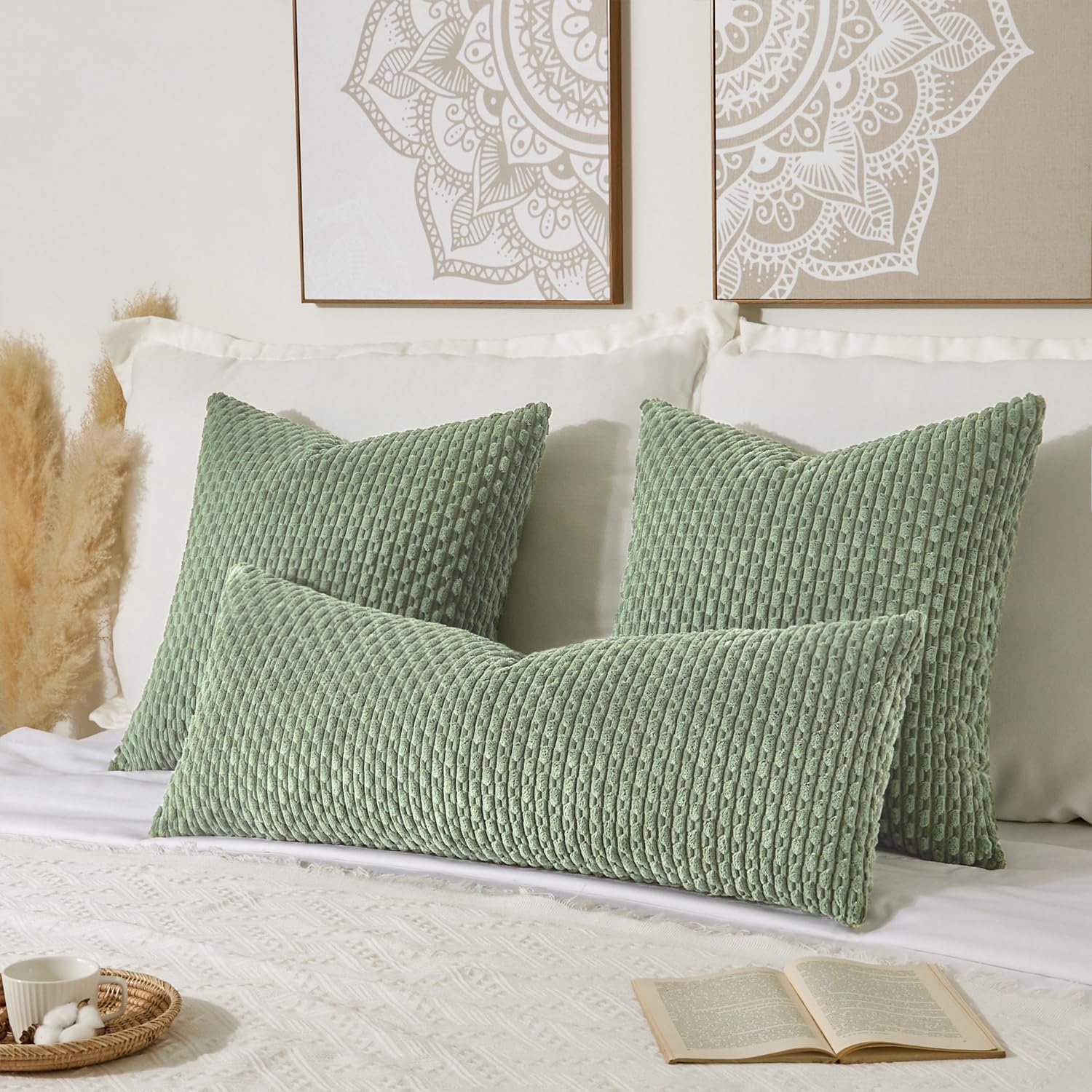 Kevin Textile 20x54 Inch Long Body Lumbar 1 Pack Boho Decorative Throw Pillow Cover Soft Striped Corduroy Rectangle Cushion Case Farmhouse Accent for Living Room Couch Sofa Bed, Sage Green