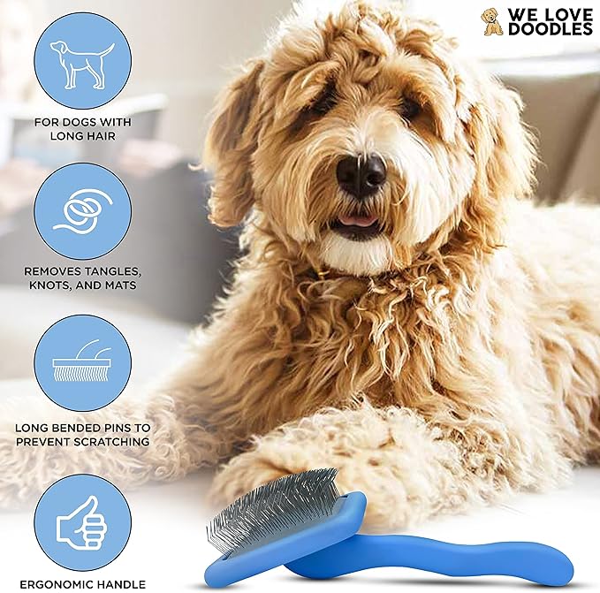 Slicker Brush for Dogs, Dog Grooming Supplies - Best Doodle & Poodle Brush for Long Haired Dogs - Goldendoodle Long Pin Detangler For Dematting (Large Curved)