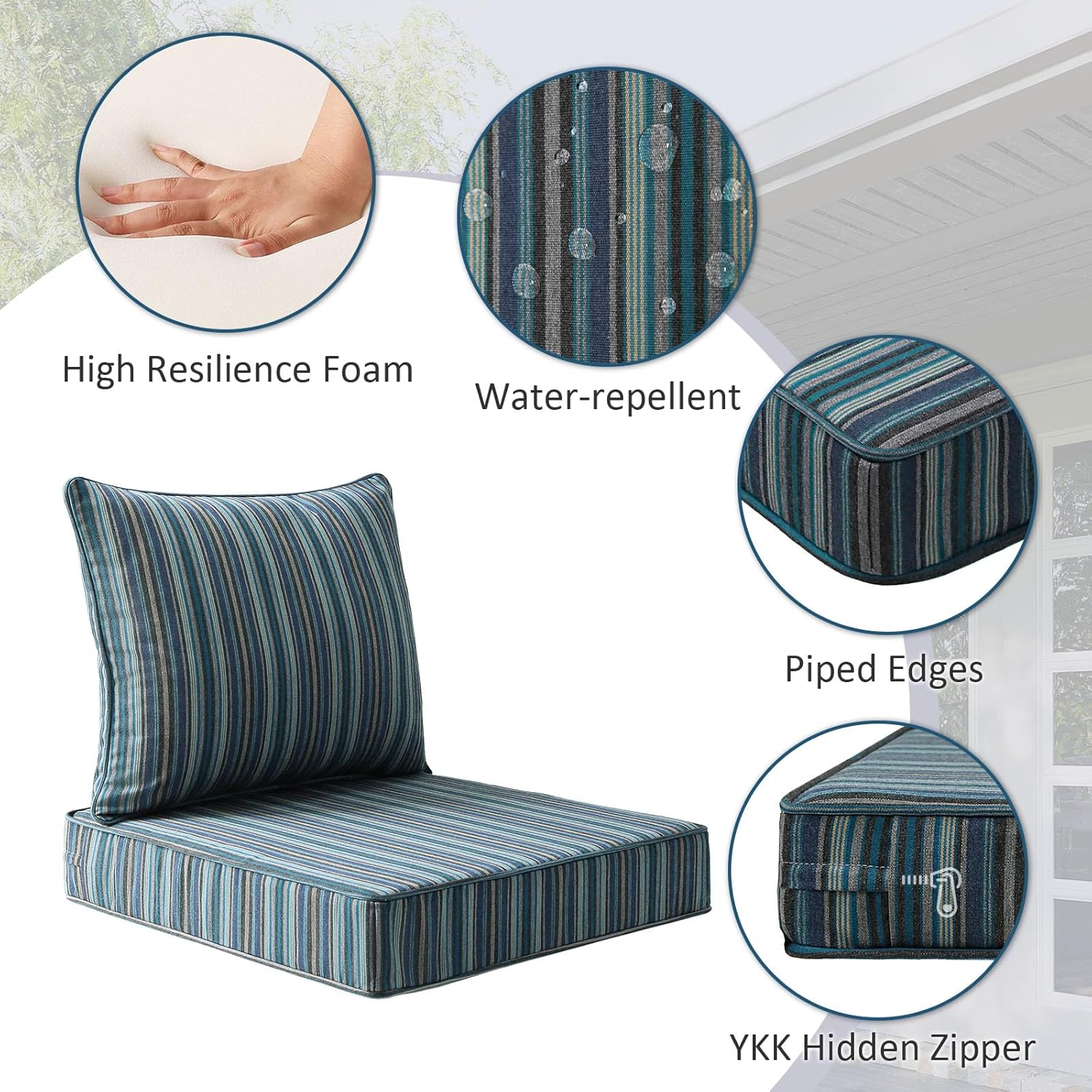 Sunbrella Outdoor Patio Chair Cushions Set, 24" x 24", Set of 2, Water-Repellent, Fade Resistant, Deep Seat Cushion for Backyard, Couch, Sofa and Patio Furniture, Troupe Dock