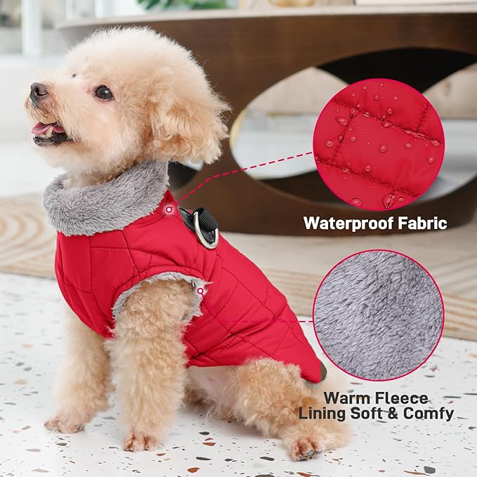 Warm Fleece Dog Coats with Durable Harness Buitl in D-Ring,Waterproof Puppy Jacket for Small Dogs,Dog Vest for Cold Winter,Red XS