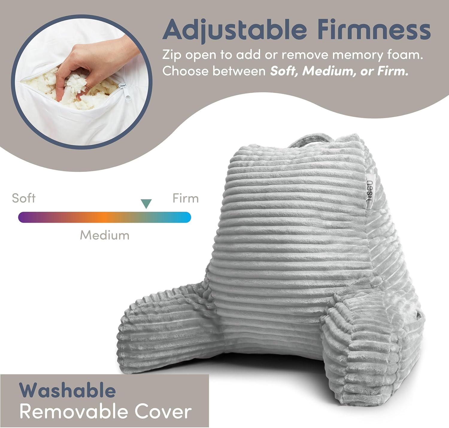 Nestl Reading Pillow with Shredded Memory Foam, Luxe Cut Plush Back Pillow for Sitting Up in Bed, Back and Arms Adjustable Support for Adult & Teens, Backrest Pillows with Washable Cover Light Grey