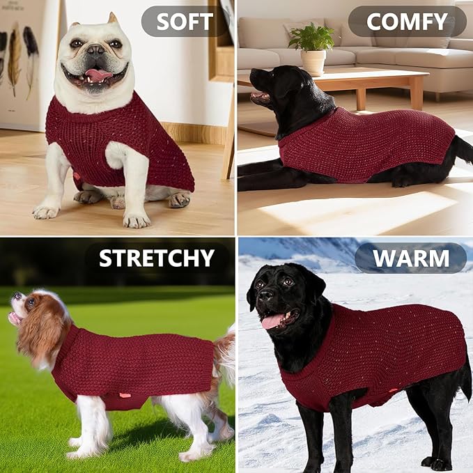 KYEESE Dog Sweater with Leash Hole for Small Dogs Male Warm Pullover with Reflective Yarn Soft Knit Pullover Boy Dog Coats Cozy Lightweight Thick Sweater Pet Indoor Outdoor Wear,Dark Red,Small