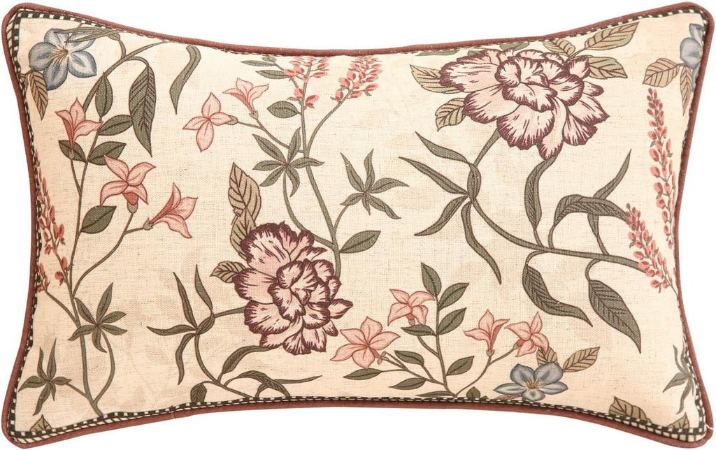 ISAENNE Design Linen Vintage Throw Pillow Covers 12"x20", Rectangle Cushion Covers with Blue Pink Flowers Green Leaves Pattern Decoration Pillowcases for Bed,Living Room,Outdoor,Car