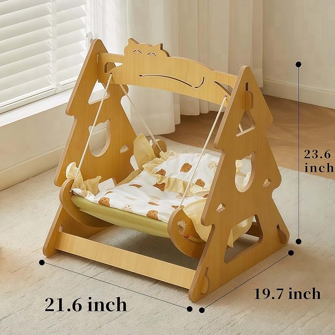 2 in 1 Wooden Cat Hammock, Comfortable and Breathable Hanging Cat Bed with Soft Mattress and Pillow，Suitable for Cats or Small Dogs