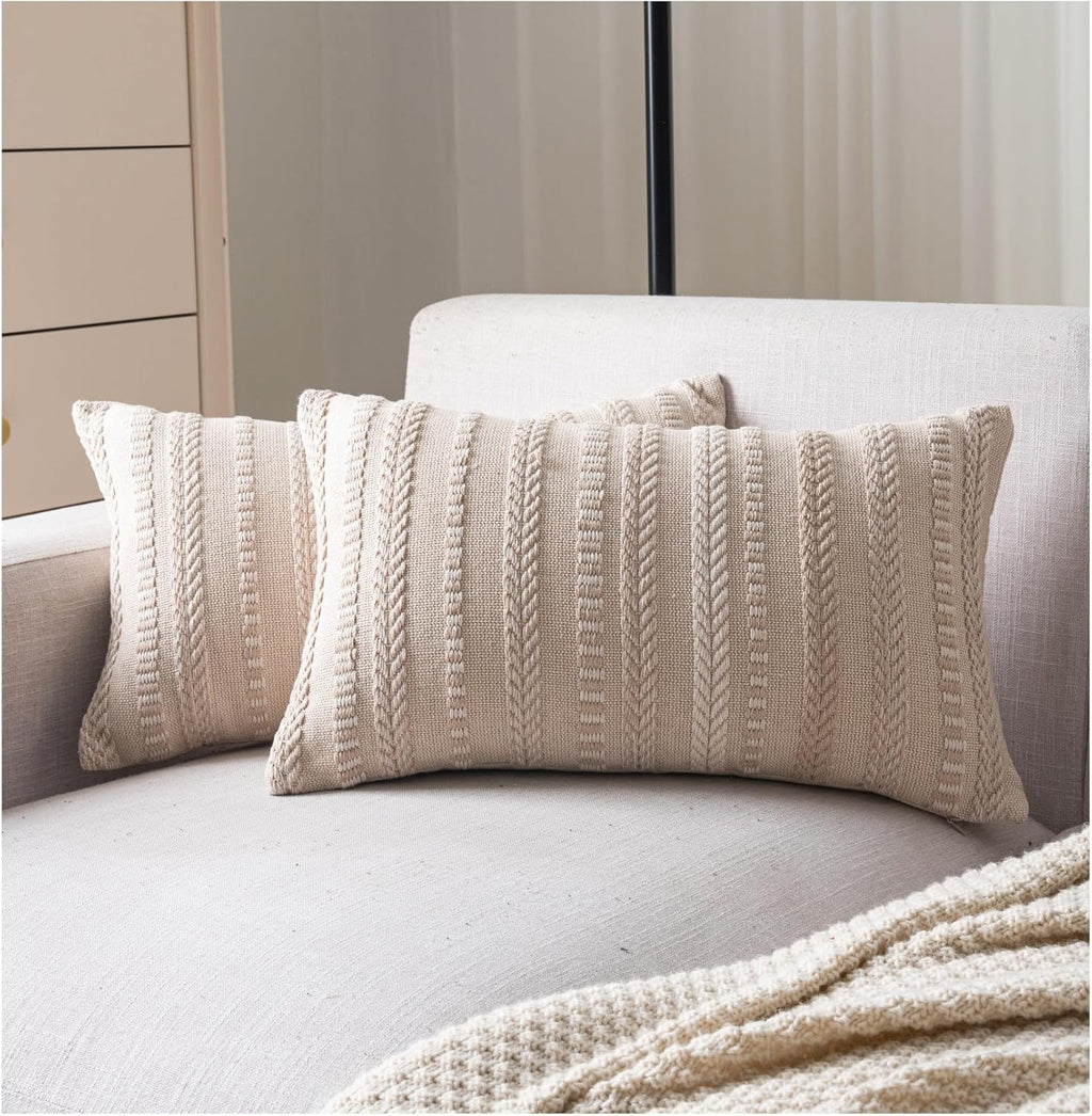Boho Throw Pillow Covers 12x20 Inch Set of 2, Farmhouse Decorative Couch Pillow Cases, Beige Accent Pillows of Bed, Sofa Bedroom Living Room Home Decor Cushion Cover