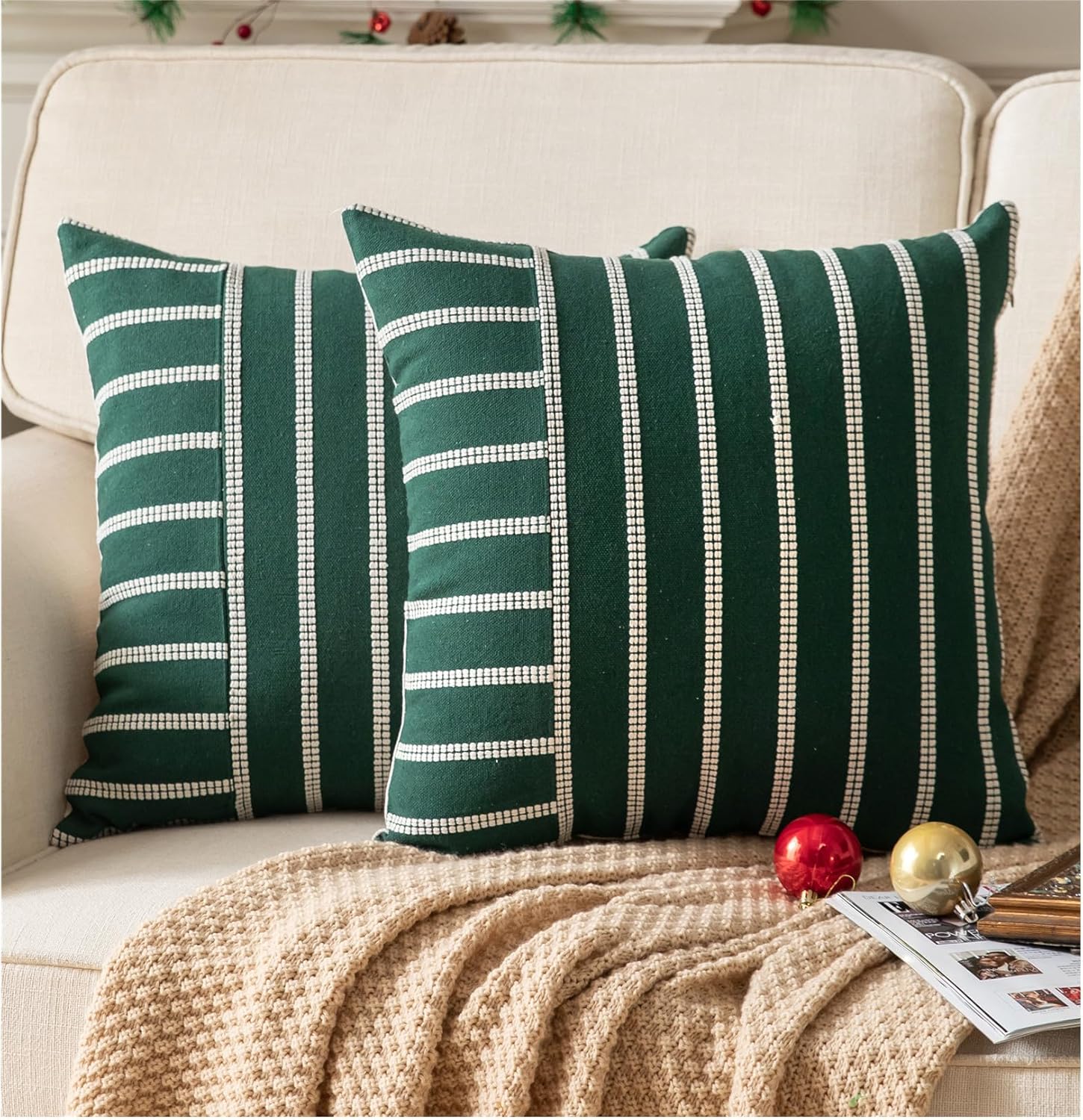 Caflife Boho Throw Pillow Covers 18x18 Set of 2 Soft Farmhouse Decorative Couch Pillow Cases Dark Green Striped Pillow Covers Neutral Cushion Covers for Sofa Bed Living Room Home Decor