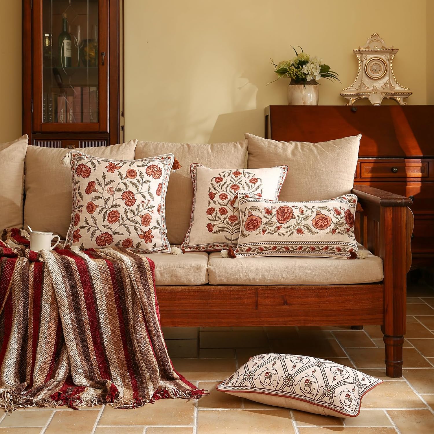 ISAENNE Design Linen Square Vintage Throw Pillow Covers 18"x18", Brick Red Cushion Covers with Orange Floral Green Leaves Pattern Decoration Pillowcases for Bed,Living Room,Outdoor,Car