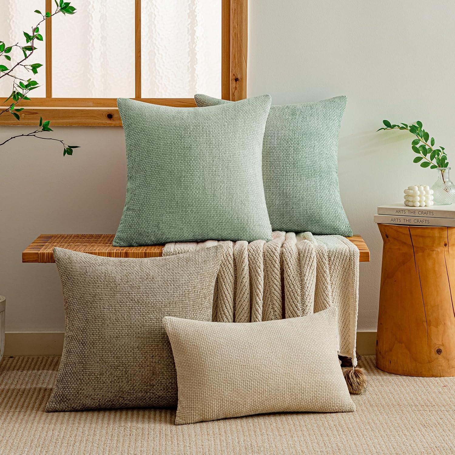 a moment Light Green Chenille Throw Pillow Covers 16x16 Inch Pack of 2 Modern Decorative Throw Pillow Covers Farmhouse Cross Covers Home Decor for Sofa Bedroom Living Room