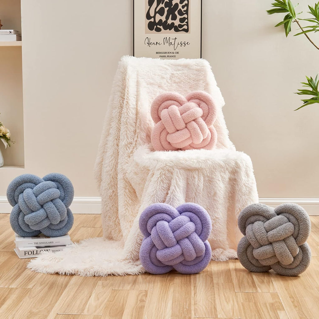 Xiashrk Knot Pillow Ball, 12" Soft Decorative Throw Pillows for Couch Bed, Blue Knotted Plush Throw Pillow Handmade Square Cushion Home Couch Decor Pillows for Living Room