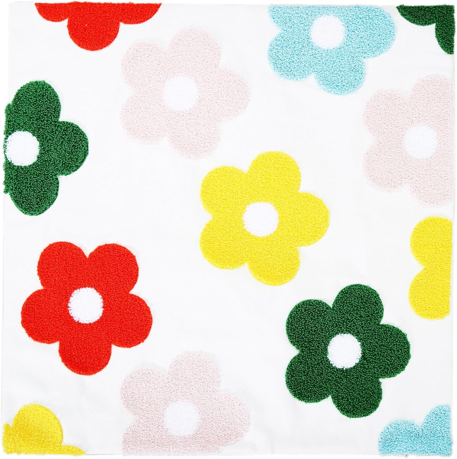 DECOBIRD Embroidery Throw Pillow Cover 18x18 Floral Home Decor Loop Embroidered Durable Soft Square Cushion Cover 45x45cm Pillowcase for Couch Sofa Gift, Multi-Color 5 Petal Flowers 1 Piece