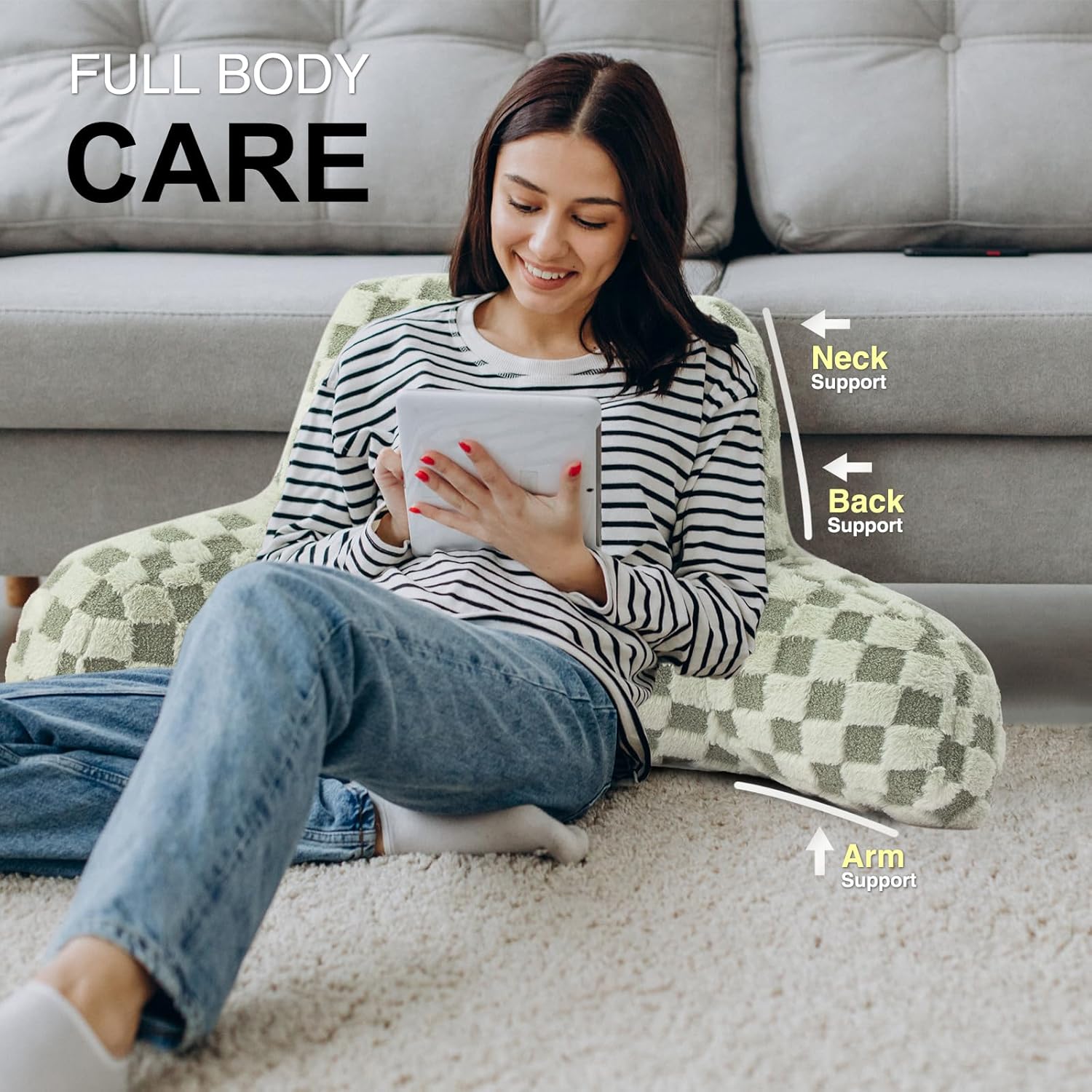 Aimuan Reading Pillow Checkered Bed Rest Wedge Backrest Checkerboard Pillow with Arms Back Support for Sitting Up in Bed Cushion Incline Rest Sleeping Snoring Pillow, Light Green Large