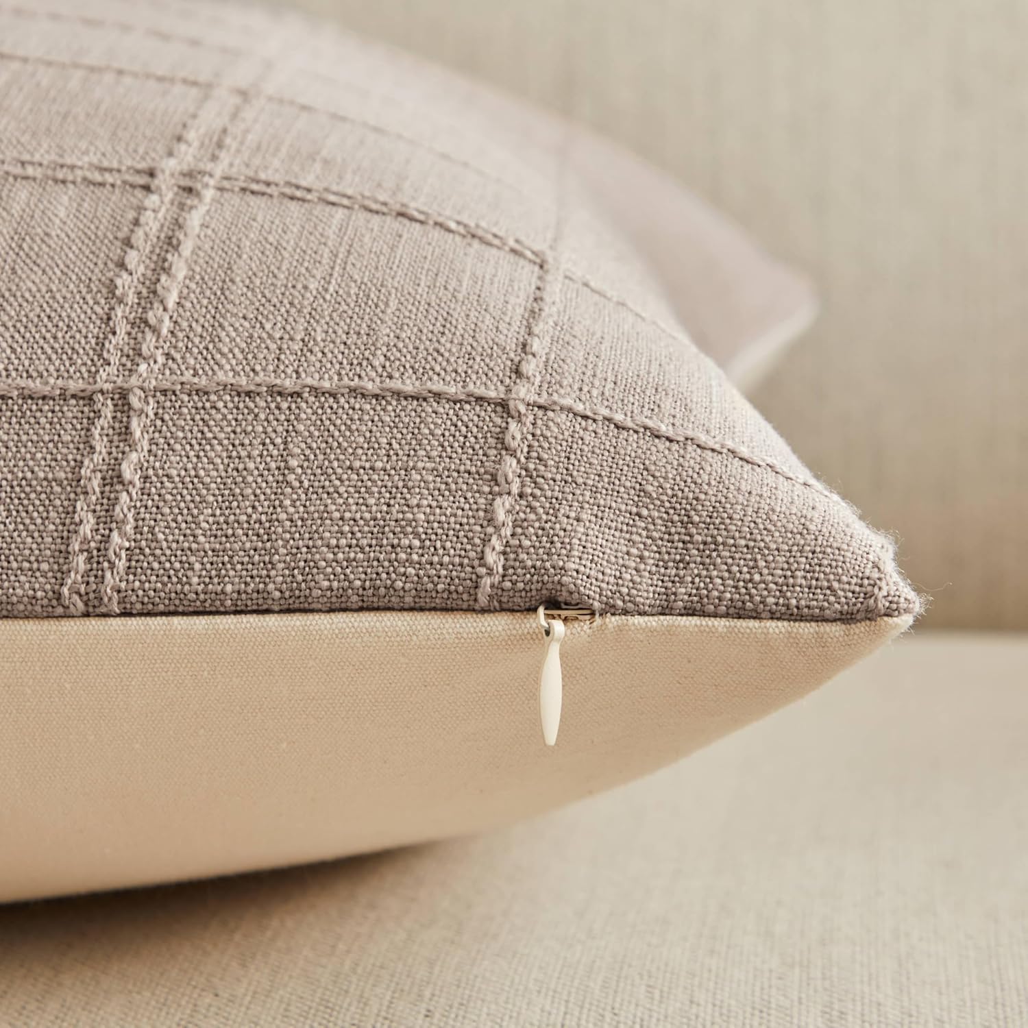 ZeeMart Linen Checked Lumbar Throw Pillow Covers Set of 2, 12x20 Inch Taupe/Cream, Farmhouse Decorative Single Sided Grid Embroidered Couch Pillow Cases Light Brown Cotton Linen Cushion Covers
