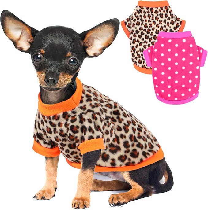 2 Pieces Dog Sweaters for Small Dogs, Fall Winter Fleece Dog Clothes, Soft and Warm Puppy Sweater Doggie Coat for Winter Pet Cloting for Chihuahua Yorkie (Polka dots, Leopard Print, X-Small)