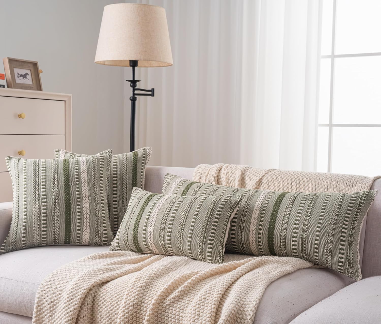 Boho Lumbar Pillow Covers 14x36 Long, Farmhouse Decorative Couch Pillow Cases, Green Accent Pillows of Bed, Sofa Bedroom Living Room Home Decor Cushion Cover, Pack of 1