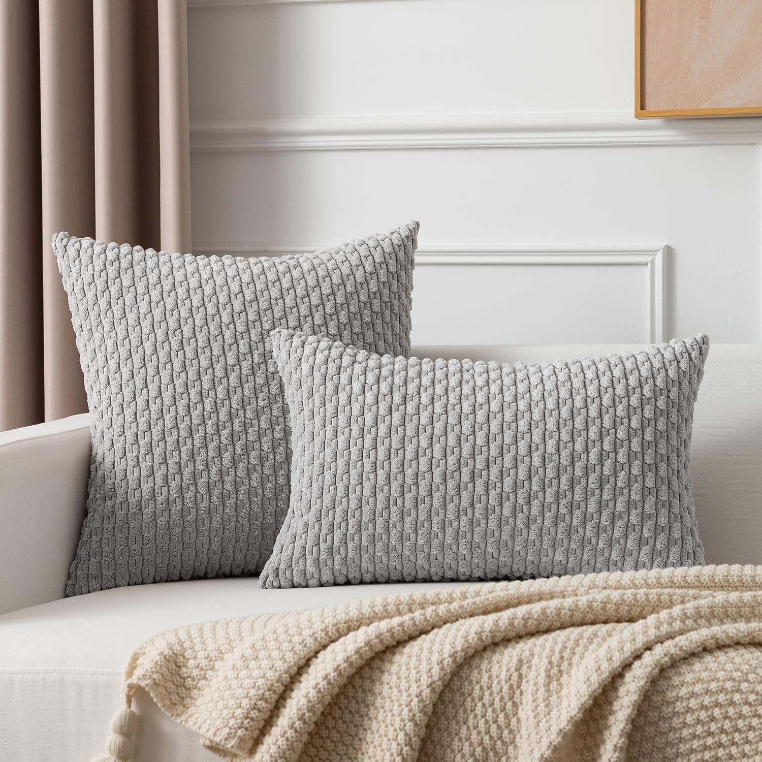 Kevin Textile 12x24 Inch Pillow Cover 1 Pack Boho Decorative Soft Striped Corduroy Lumbar Farmhouse Solid Color Accent Rectangle Cushion Case for Living Room Couch Sofa Bed, Light Grey