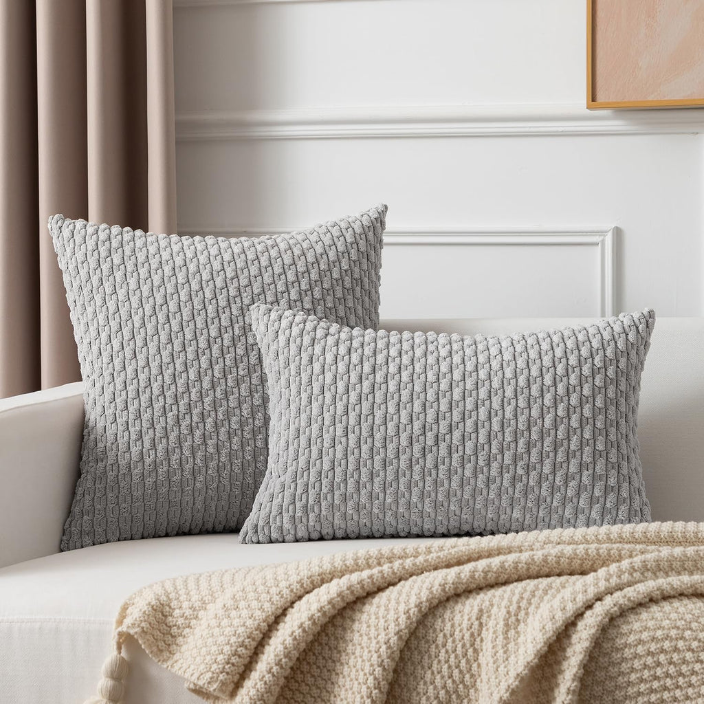 Kevin Textile 12x20 Inch Pillow Cover 1 Pack Boho Decorative Soft Striped Corduroy Lumbar Farmhouse Solid Color Accent Rectangle Cushion Case for Living Room Couch Sofa Bed, Light Grey