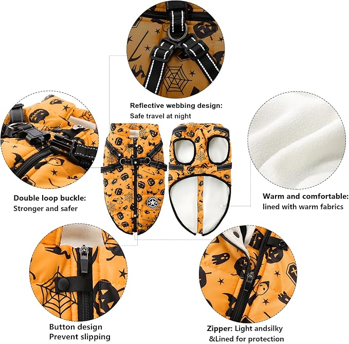Aiboria Dog Jackets Windproof Outfit Coat Dog Vest Harness Puppy Warm Jacket Halloween Orange XL
