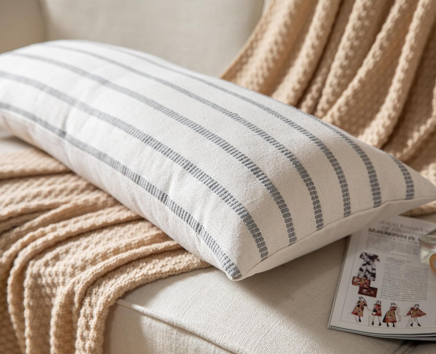 Caflife Boho Lumbar Throw Pillow Cover 14X36 Long Soft Farmhouse Decorative Couch Pillow Cases Grey Striped Body Pillow Covers Neutral Cushion Covers for Sofa Bed Living Room Home Decor Pack of 1