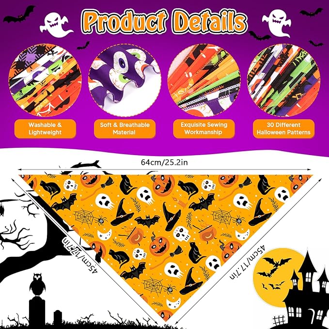 30 Pcs Halloween Dog Bandanas Bulk Adjustable Dog Scarves Bibs Pumpkin Bat Ghost Puppy Bandanas Pet Neckerchief Washable Holiday Halloween Bandanas for Small Medium Large Dog Pet Grooming Accessories