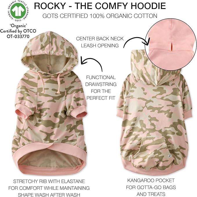 Rocky – The Orginal Lightweight Hooded TEE 100% Organic Cotton Dog Hoodie Pet Coat Sweater for Small, Medium, Large Dogs, Pink Camo, X-Small (5-12 lbs)