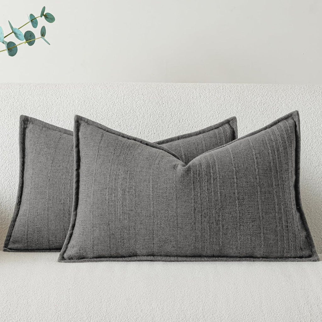 a moment Linen Pillow Covers Set of 2,Boho Farmhouse Throw Pillowcases Neutral Textured Decorative Covers for Couch Sofa,Soft Linen Blend Accent Case Cushion Living Room Home Decor 20"x12"Rustic Gray