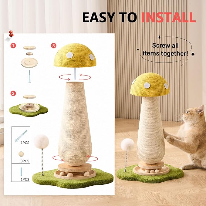 21.5‘’ H Cat Scratching Post with Catnip,Cute Mushroom Cat Scratcher Post with Durable Natural Solid Wood Turntable Toy,Lemon Yellow Mushroom Shape Cat Toy Cat Sisal Scratcher for Indoor Cats