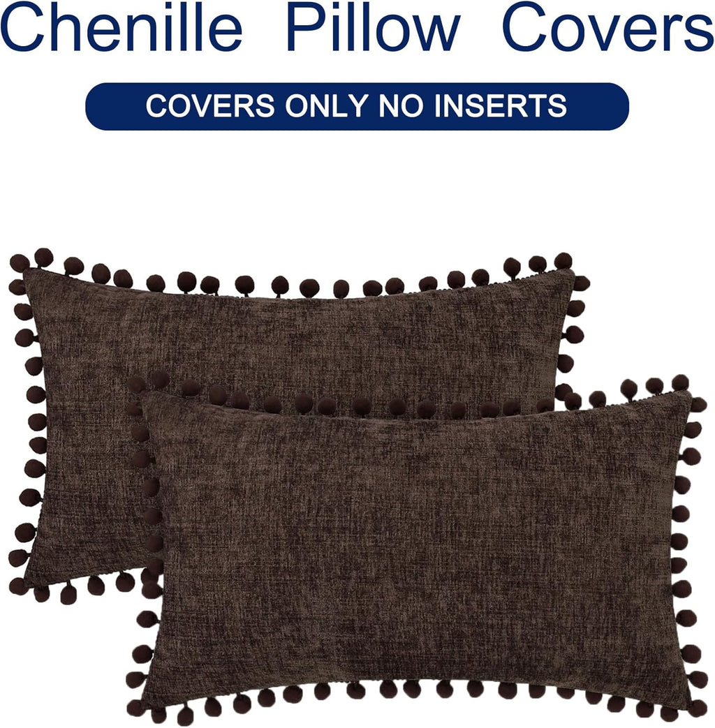 CaliTime Throw Pillow Covers Decorative 20 X 12 Inches Pack of 2 Cozy Solid Dyed Soft Chenille Cushion Cases with Pom Poms for Couch Sofa Bed Living Room Home Coffee