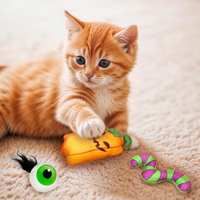 8 Assortments Halloween Value Pack, Natural Interactive Catnip Cat Toys, Toy with Crinkle and Feather, Accessories for Indoor Cat, Kitten Toys